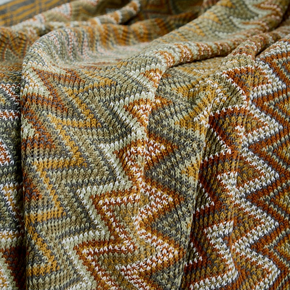 Boho Zigzag Knit Throw Blanket with Fringe