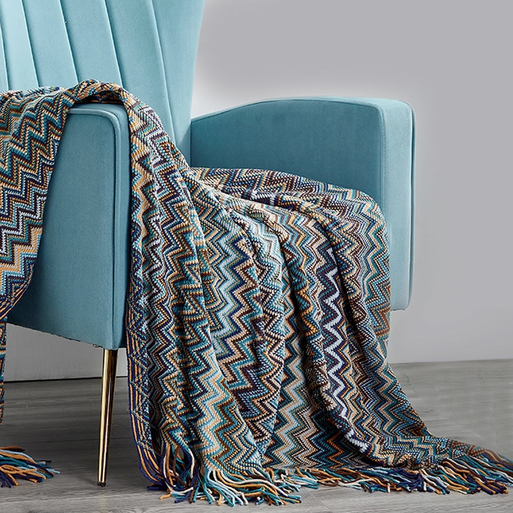 Boho Zigzag Knit Throw Blanket with Fringe