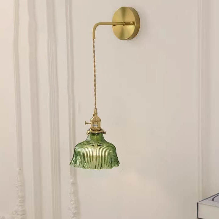 Brass Arm Ribbed Glass Flower Wall Sconce