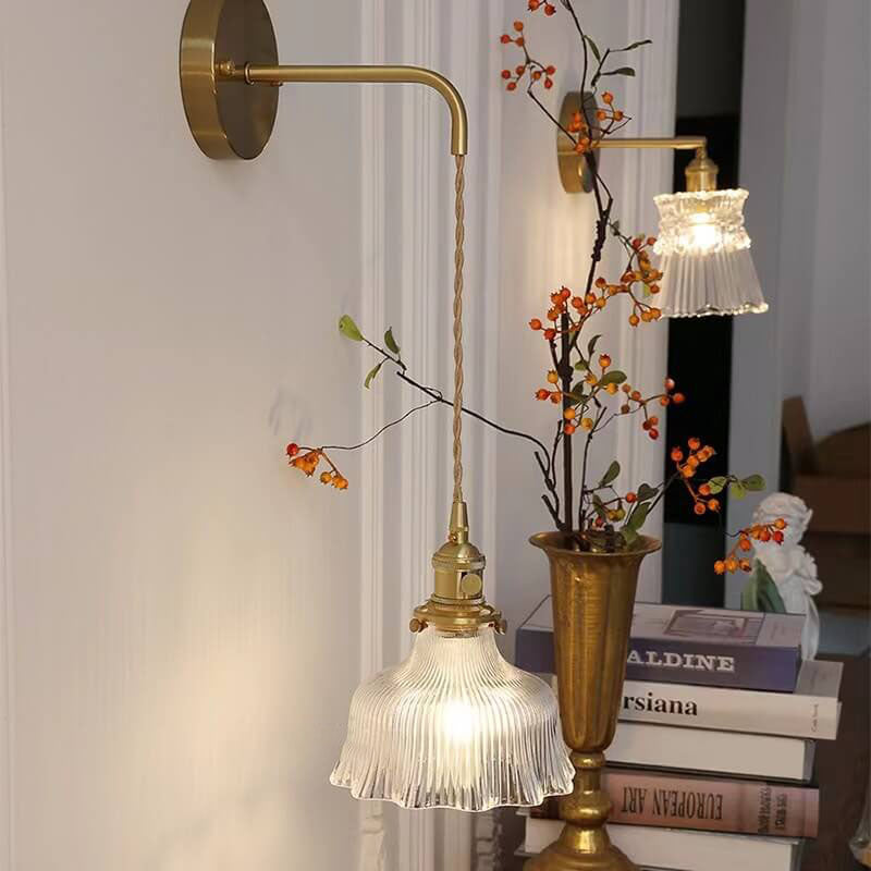 Brass Arm Ribbed Glass Flower Wall Sconce