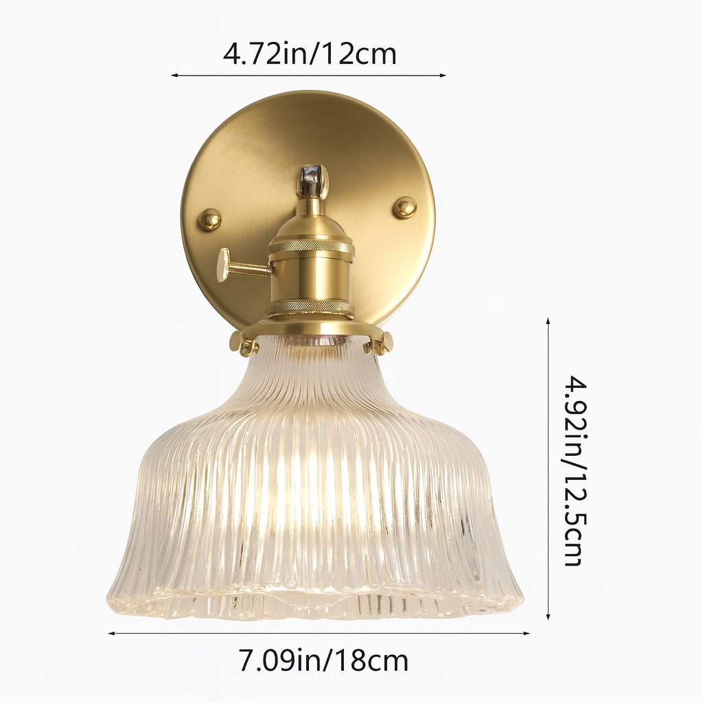 Brass Arm Ribbed Glass Flower Wall Sconce