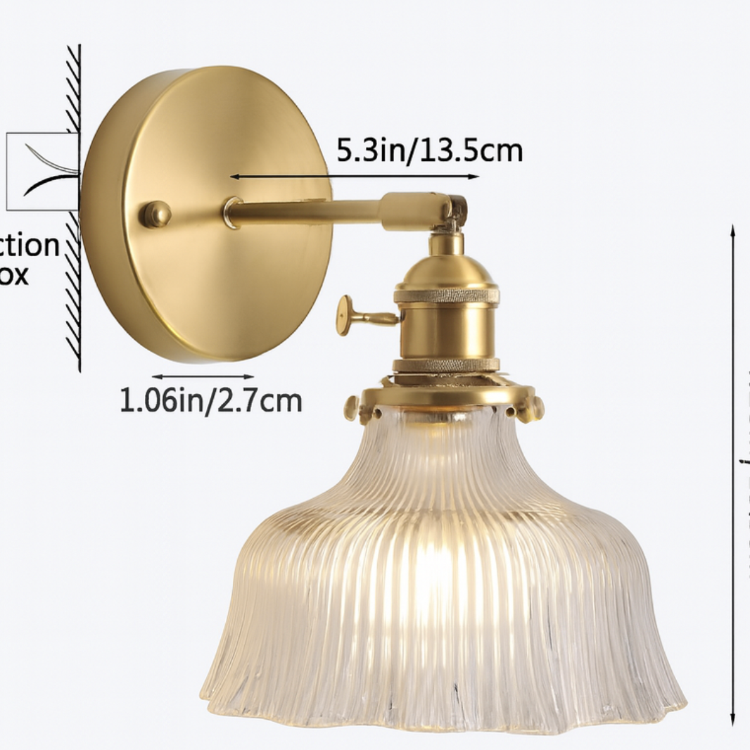 Brass Arm Ribbed Glass Flower Wall Sconce