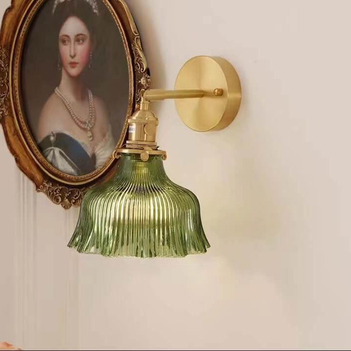 Brass Arm Ribbed Glass Flower Wall Sconce