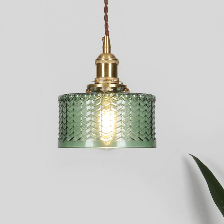 Brass Glass Pendant Light with Textured Shade