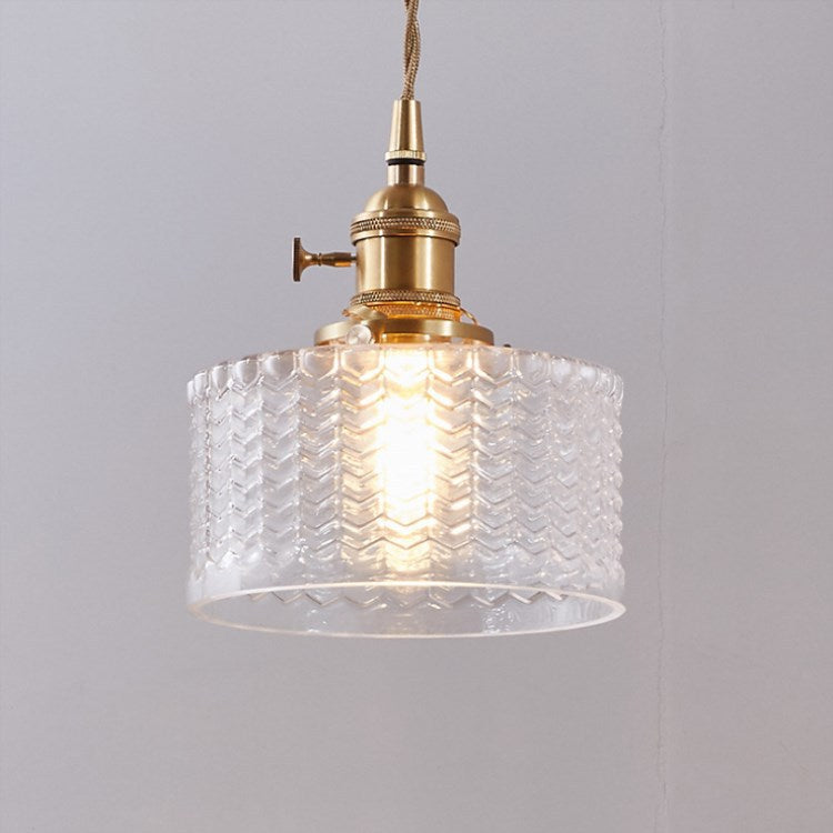 Brass Glass Pendant Light with Textured Shade