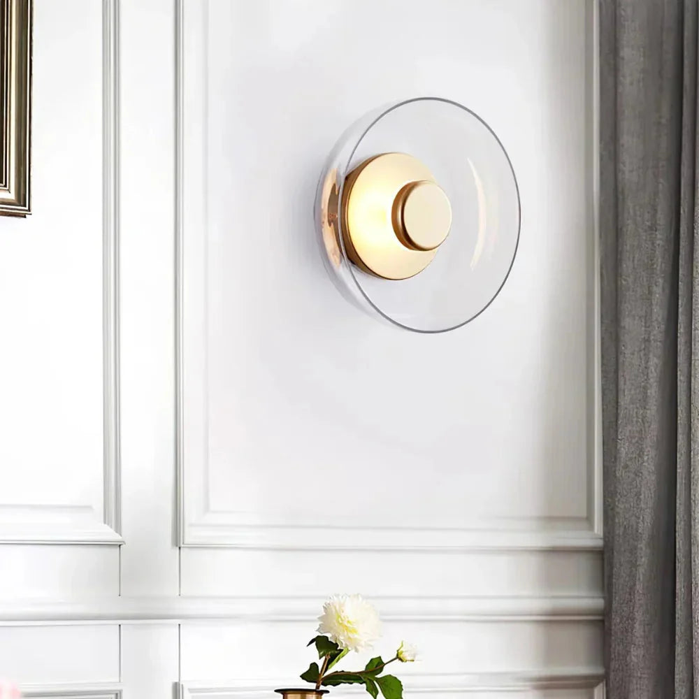 Brass Glass Round Wall Sconce with Halo Glow