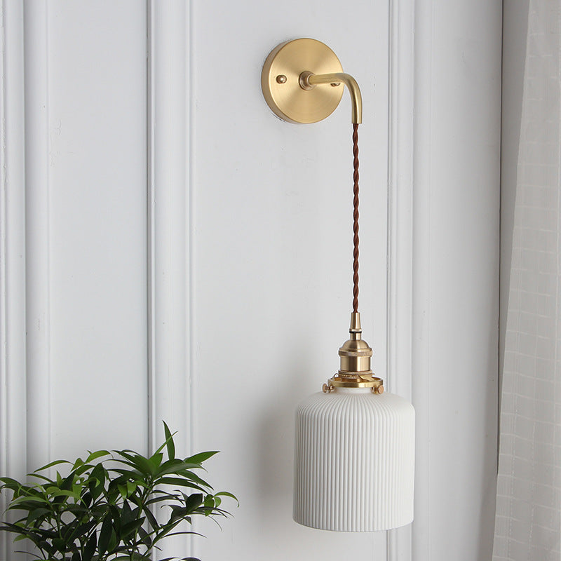 Brass Pleated Glass Wall Light with Arm