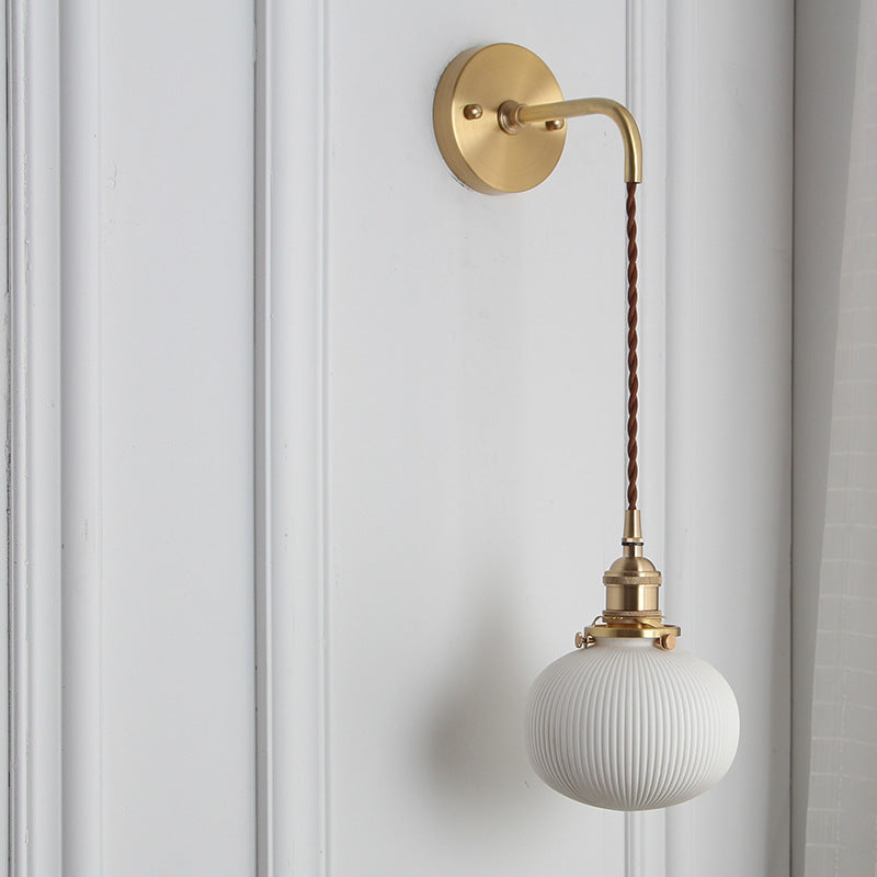Brass Pleated Glass Wall Light with Arm