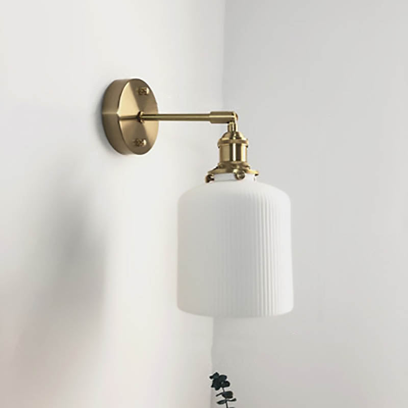 Brass Pleated Glass Wall Light with Arm