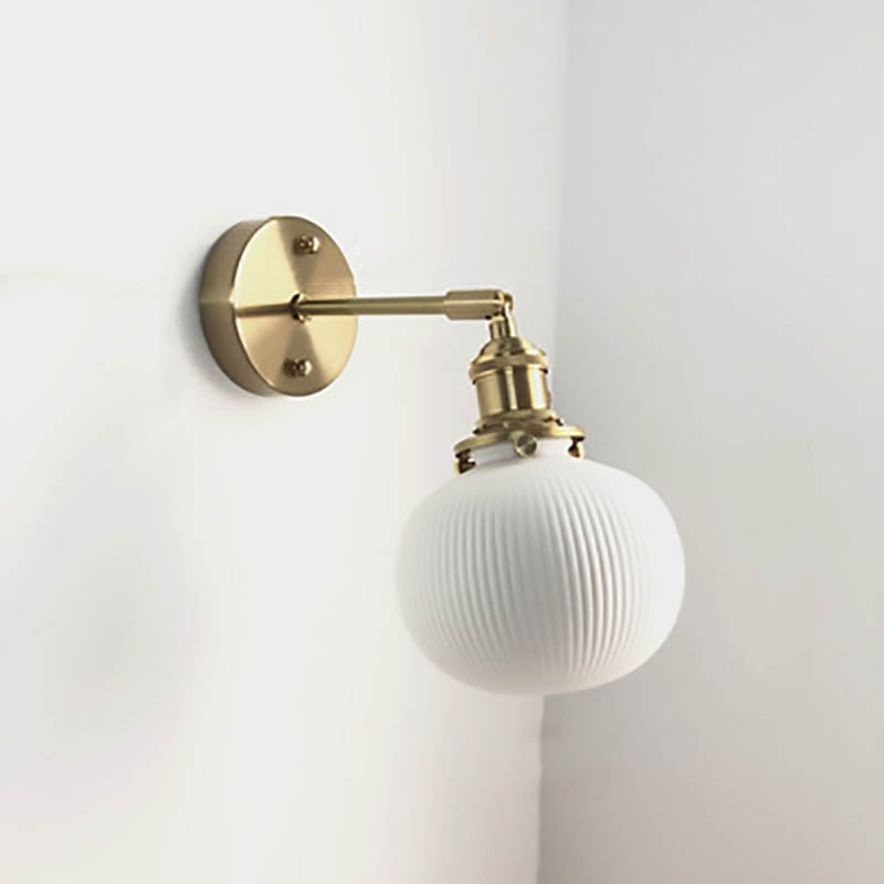 Brass Pleated Glass Wall Light with Arm