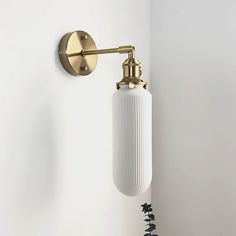 Brass Pleated Glass Wall Light with Arm