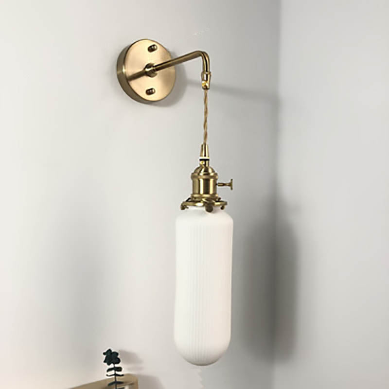 Brass Pleated Glass Wall Light with Arm