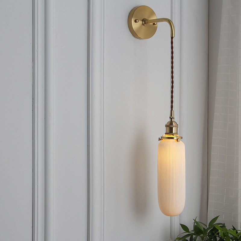 Brass Pleated Glass Wall Light with Arm