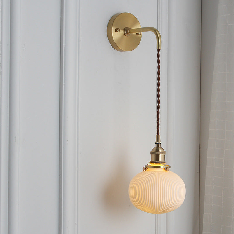 Brass Pleated Glass Wall Light with Arm