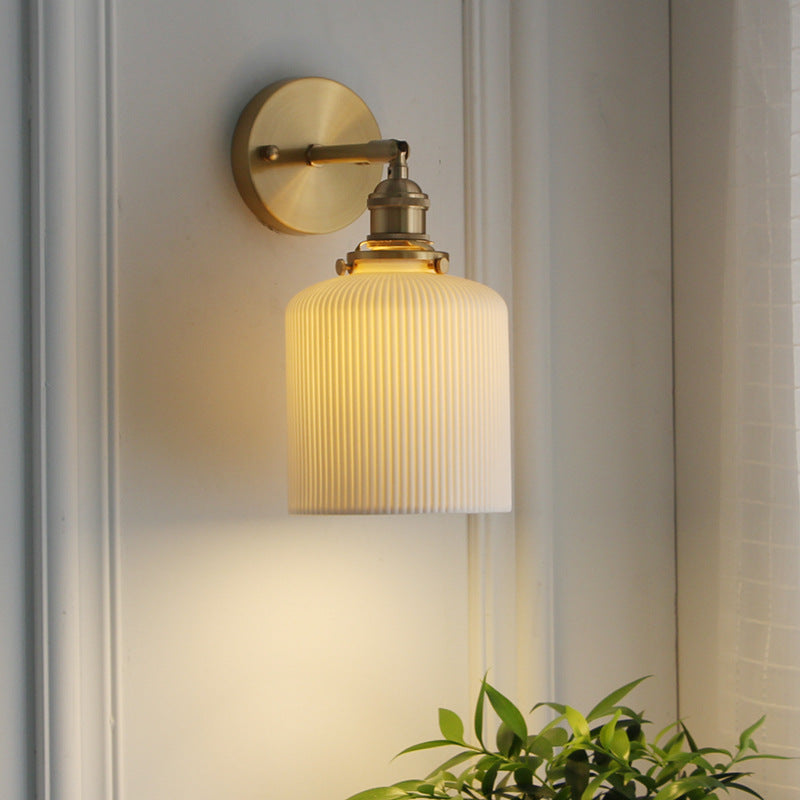 Brass Pleated Glass Wall Light with Arm