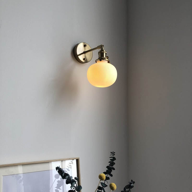 Brass Pleated Glass Wall Light with Arm