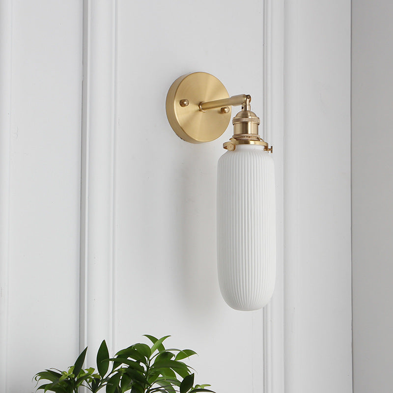 Brass Pleated Glass Wall Light with Arm