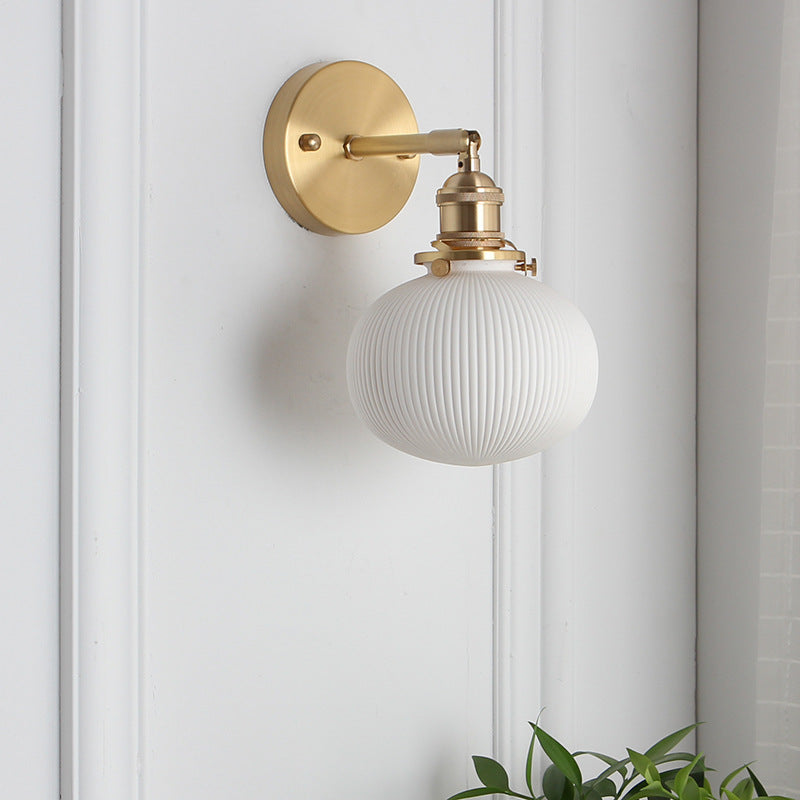 Brass Pleated Glass Wall Light with Arm