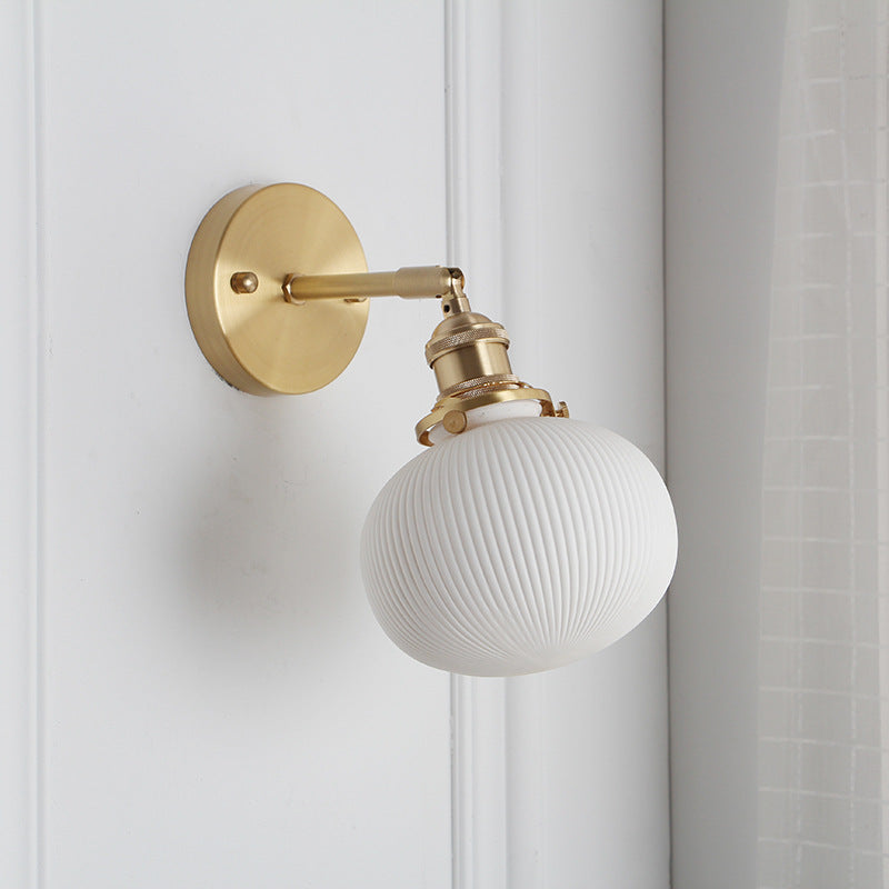 Brass Pleated Glass Wall Light with Arm