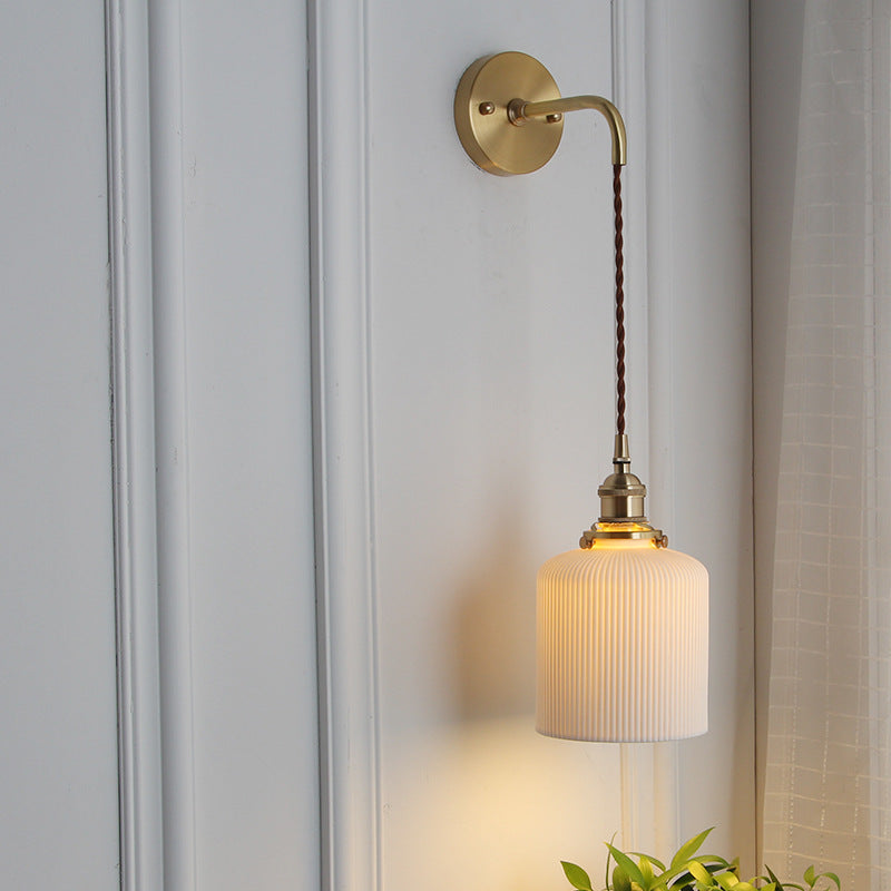Brass Pleated Glass Wall Light with Arm