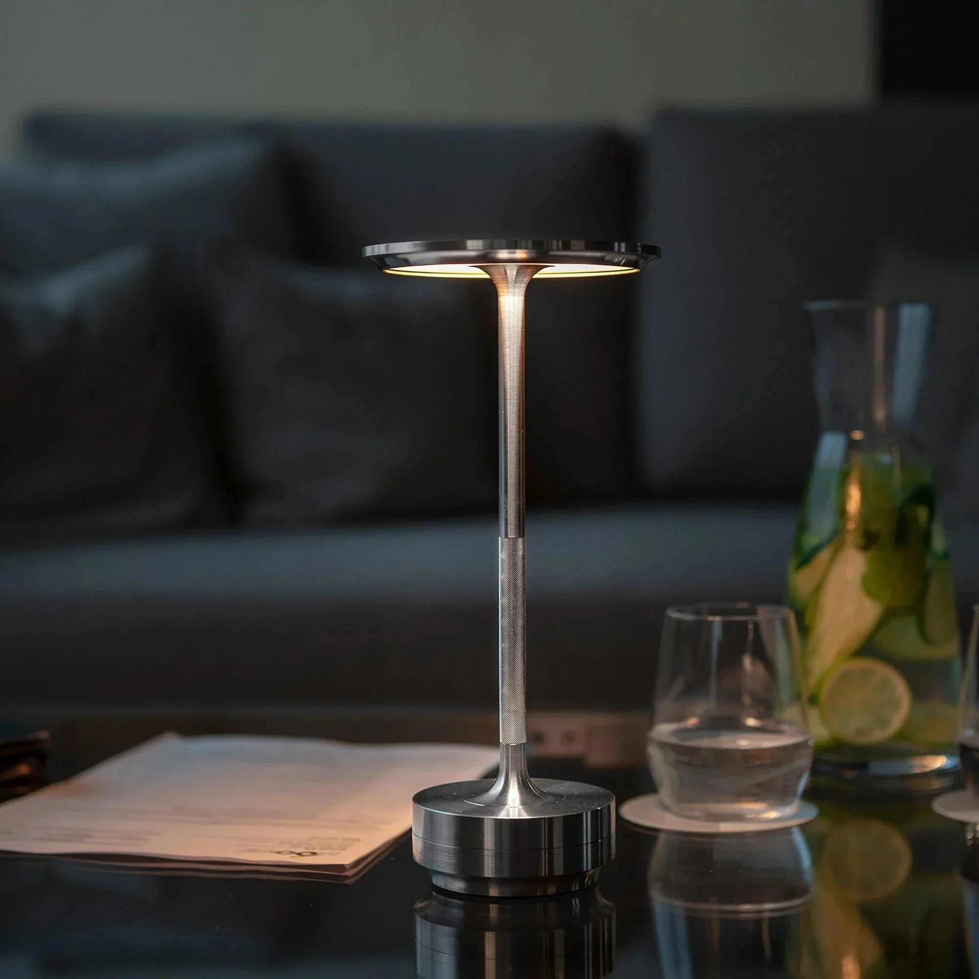 Brass Rechargeable Table Lamp with Disc Shade