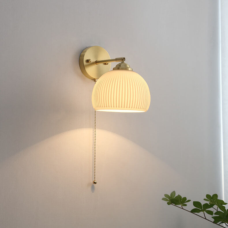 Brass Ribbed Glass Wall Light with Pull Chain
