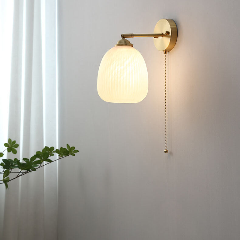 Brass Ribbed Glass Wall Light with Pull Chain