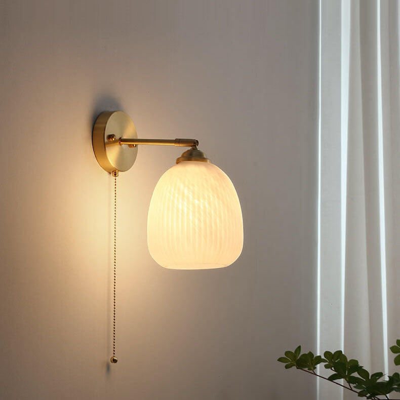 Brass Ribbed Glass Wall Light with Pull Chain