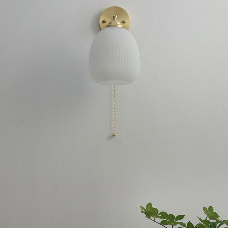 Brass Ribbed Glass Wall Light with Pull Chain