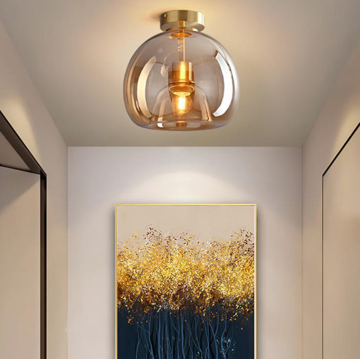 Copper and Glass Globe Semi Flush Ceiling Light