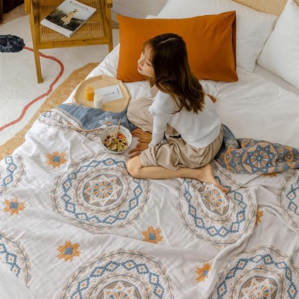 Cotton Boho Throw Blanket with Mandala Design