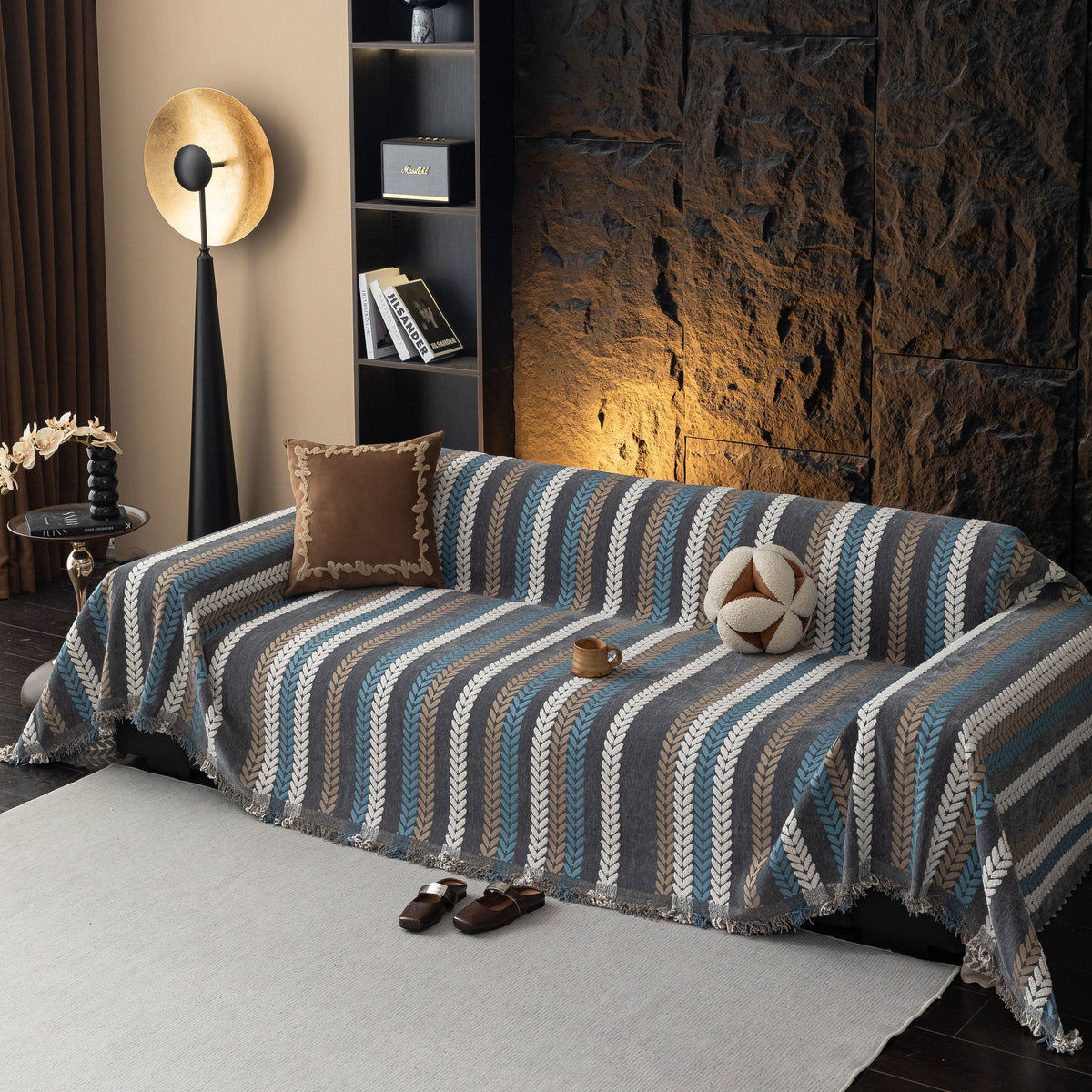 Cozy Decorative Throw Blanket for Couches, Boho Plush Woven Sofa Cover with Stripes