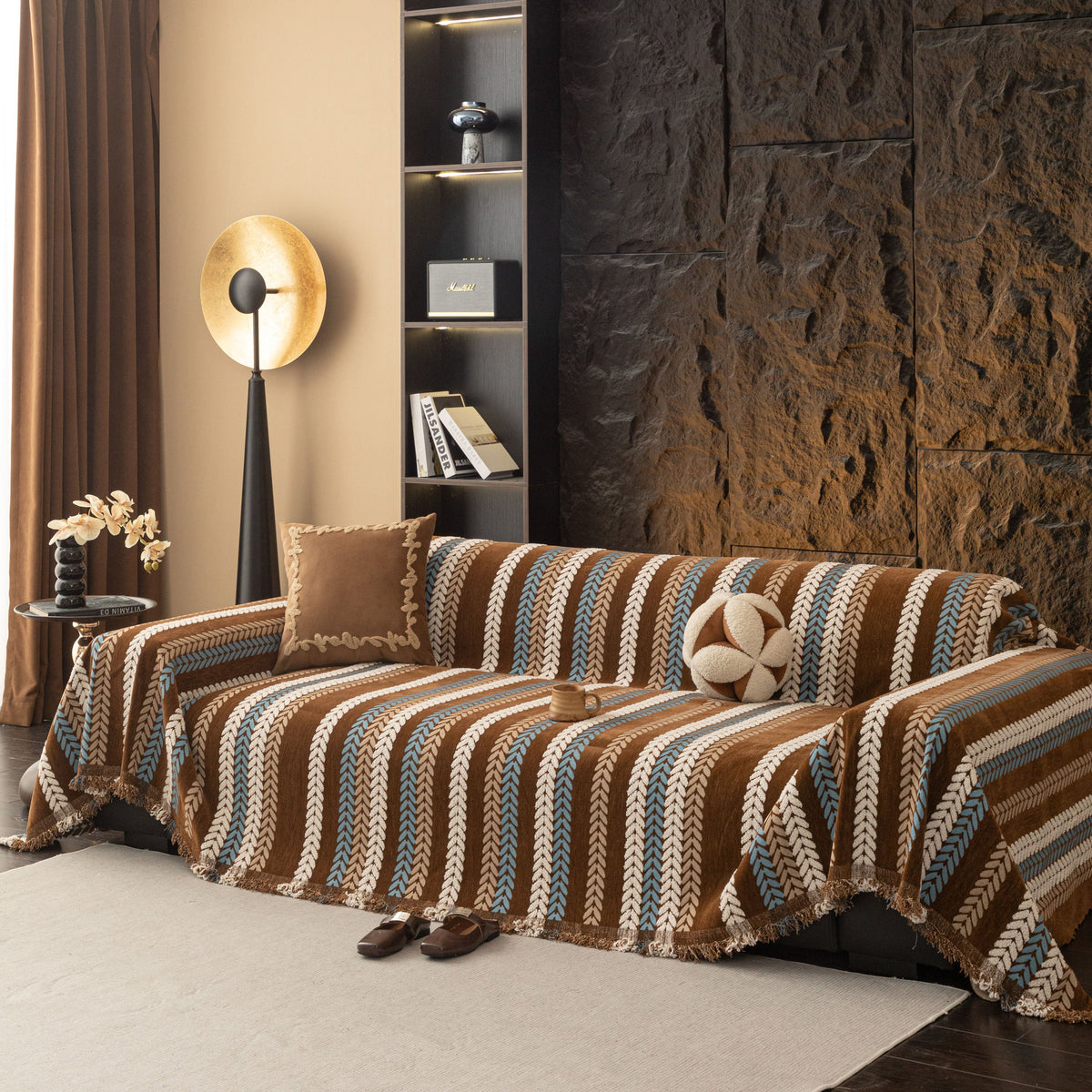 Cozy Decorative Throw Blanket for Couches, Boho Plush Woven Sofa Cover with Stripes