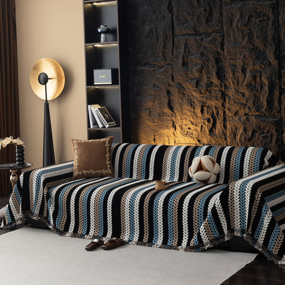 Cozy Decorative Throw Blanket for Couches, Boho Plush Woven Sofa Cover with Stripes