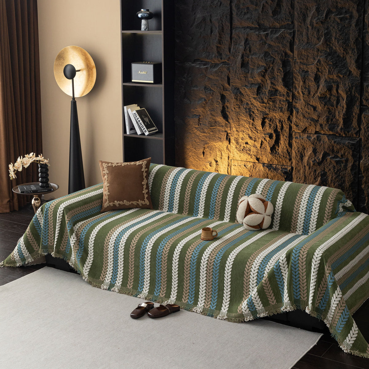 Cozy Decorative Throw Blanket for Couches, Boho Plush Woven Sofa Cover with Stripes