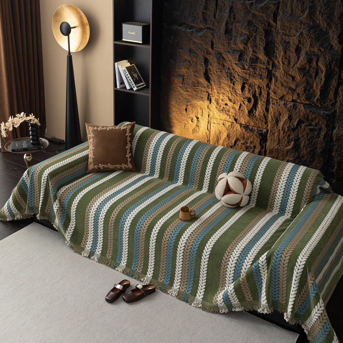 Cozy Decorative Throw Blanket for Couches, Boho Plush Woven Sofa Cover with Stripes
