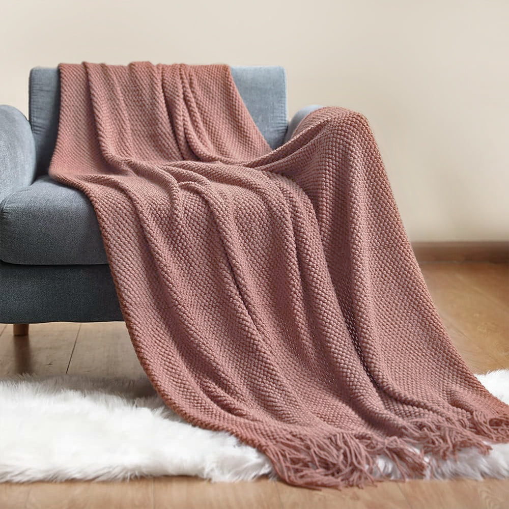 Cozy Knit Throw Blanket with Fringe Detail