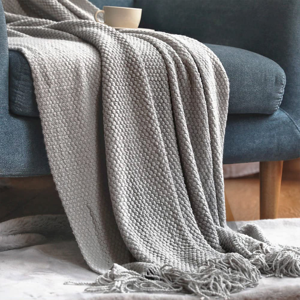 Cozy Knit Throw Blanket with Fringe Detail