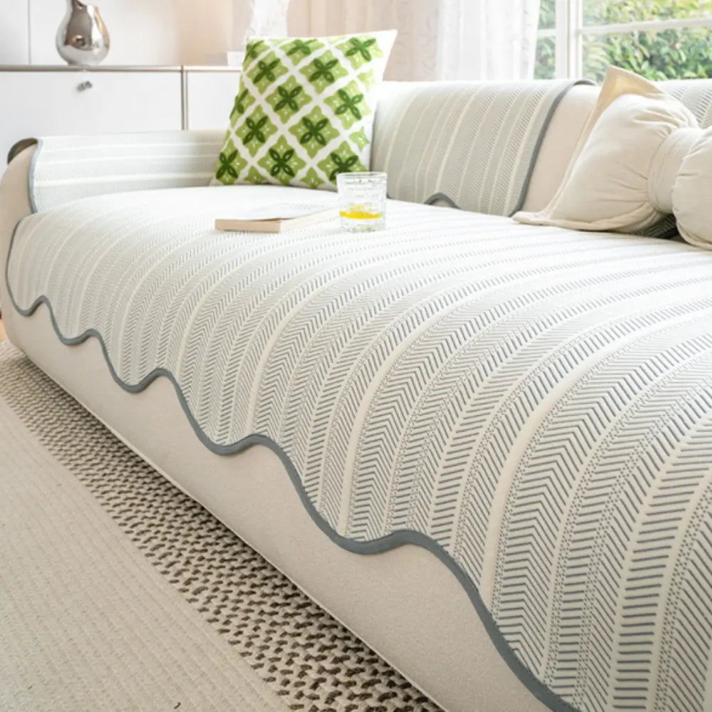 Cream Herringbone Sofa Cover with Wave Edge