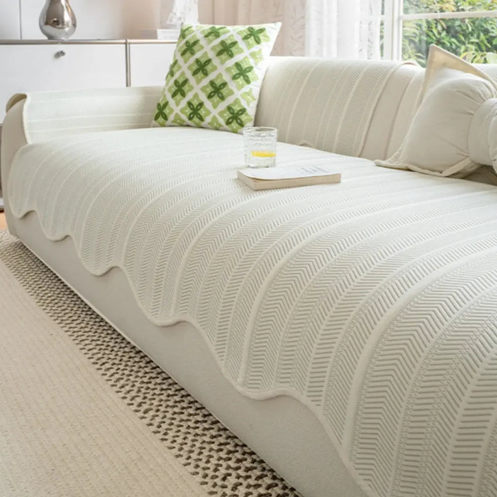 Cream Herringbone Sofa Cover with Wave Edge
