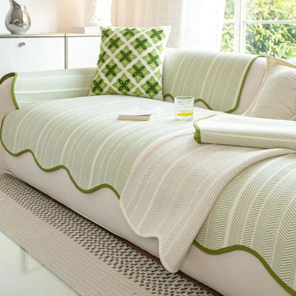 Cream Herringbone Sofa Cover with Wave Edge