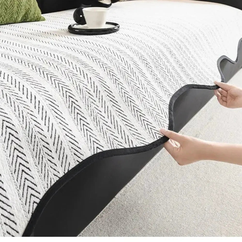 Cream Herringbone Sofa Cover with Wave Edge