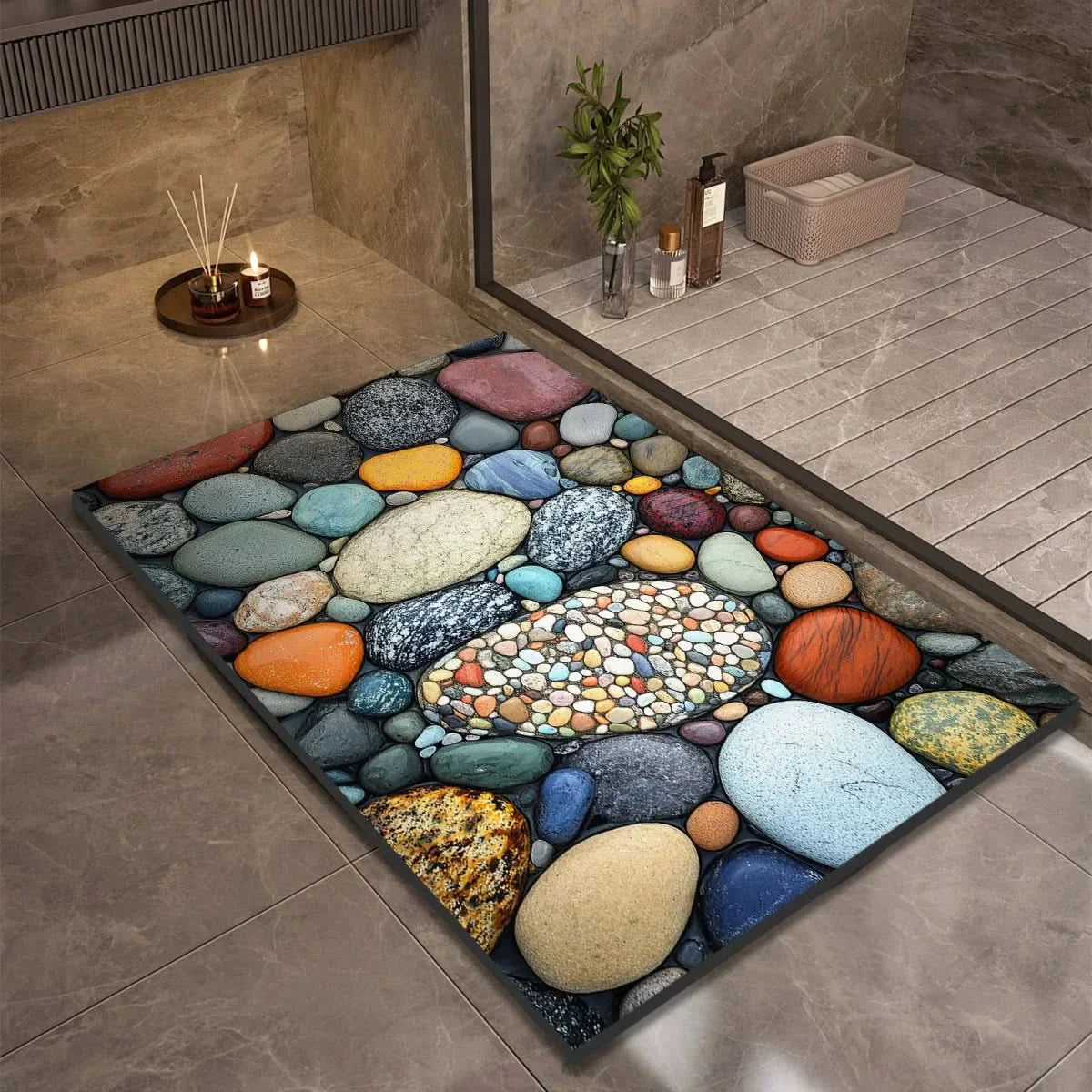 Diatomite Pebble Bath Mat with Non-Slip Base