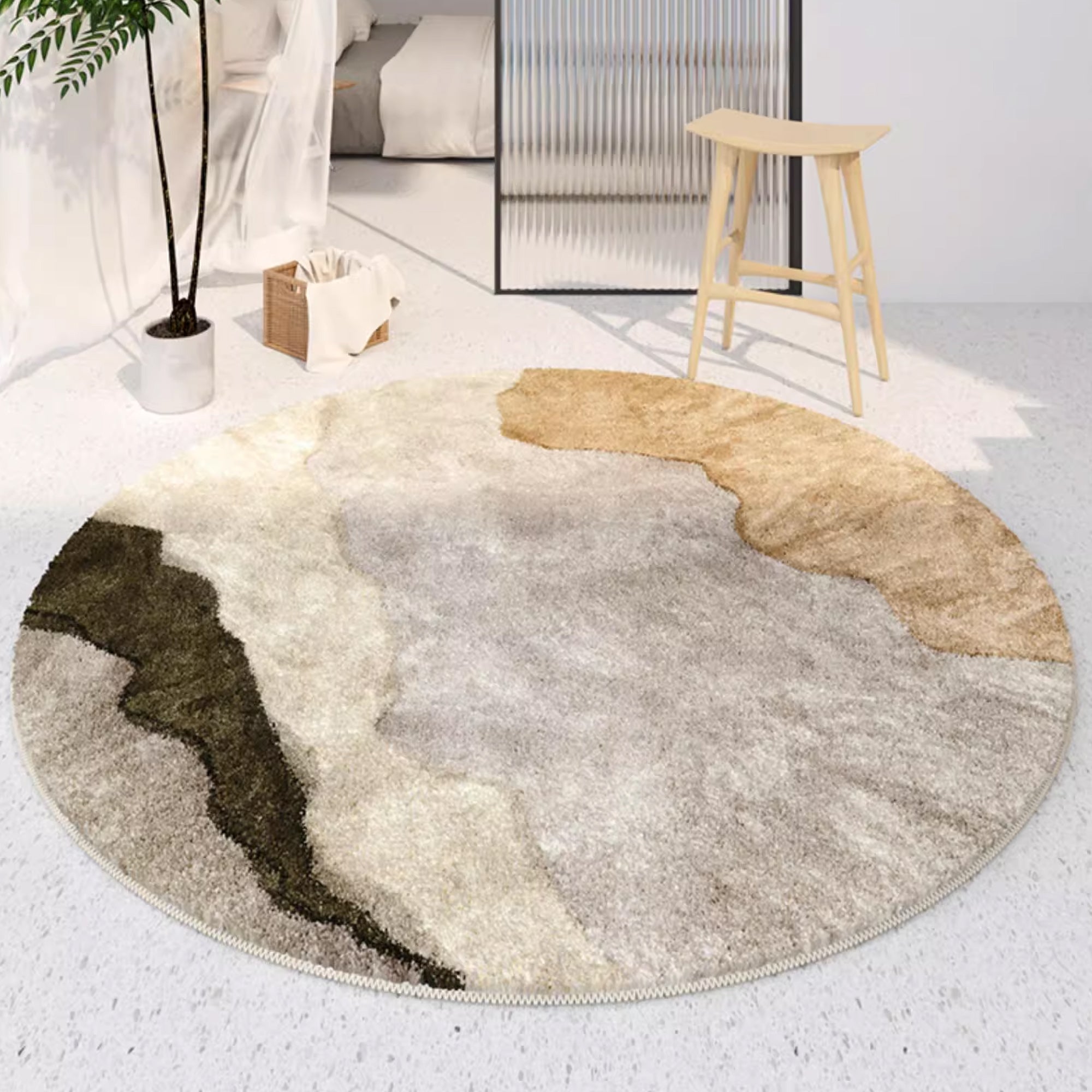 Earth Tone Round Area Rug with Abstract Art