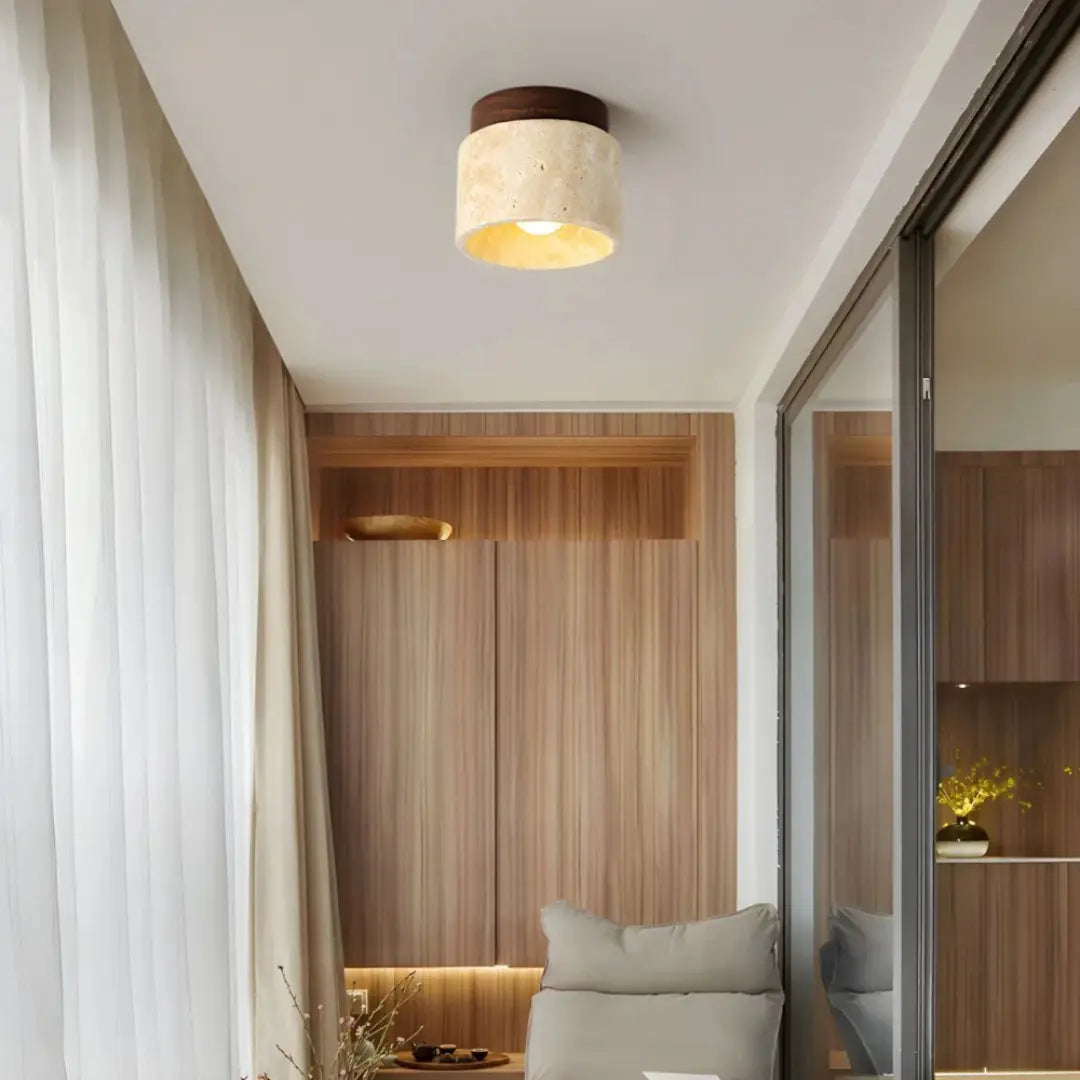 Travertine Wood Ceiling Light with Warm Glow