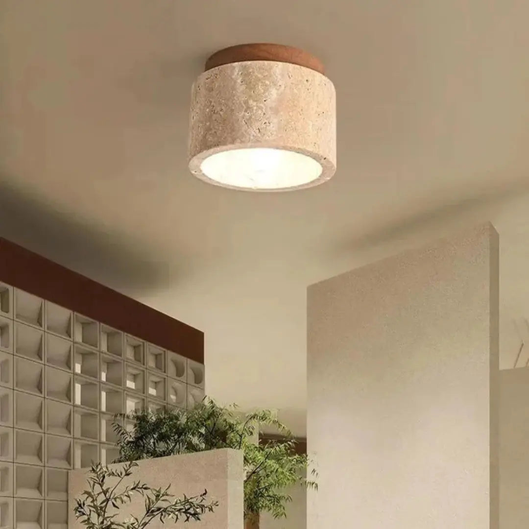 Travertine Wood Ceiling Light with Warm Glow