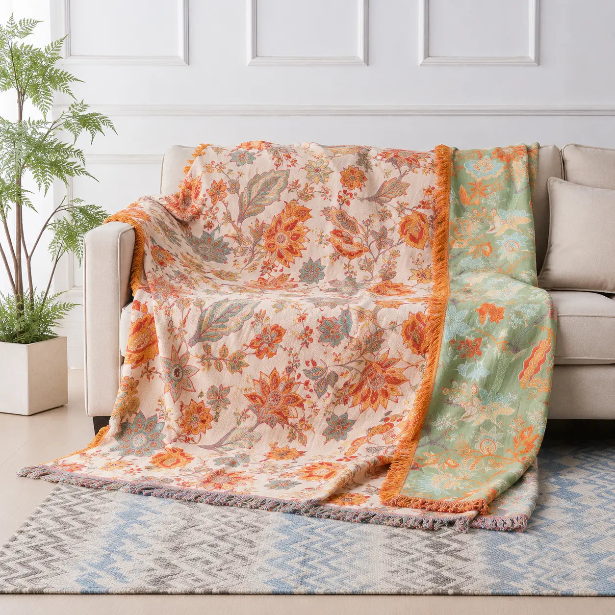 Floral patterned throw blanket draped over a sofa in a living room setting.