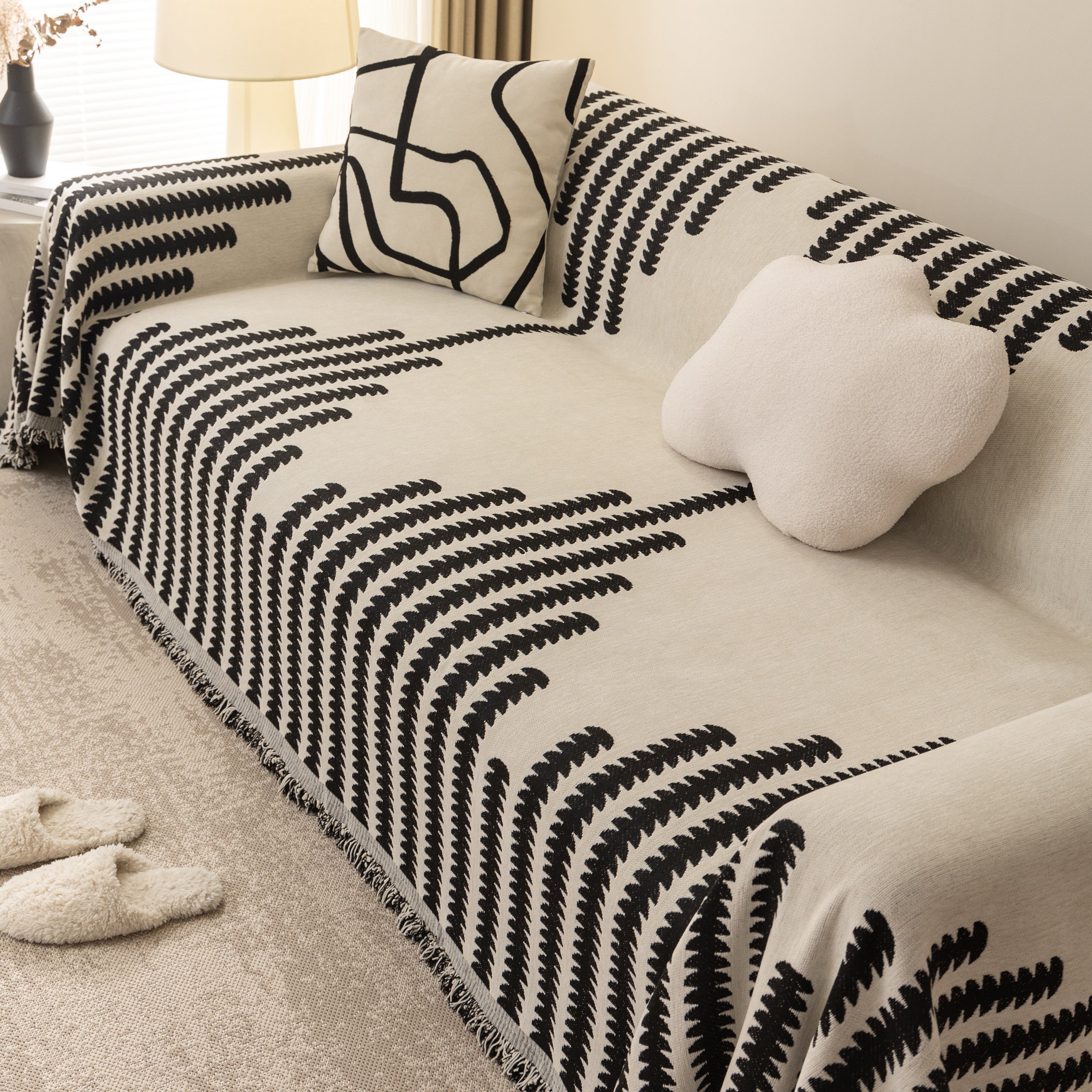 Geometric Chenille Fringed Sofa Cover Throw