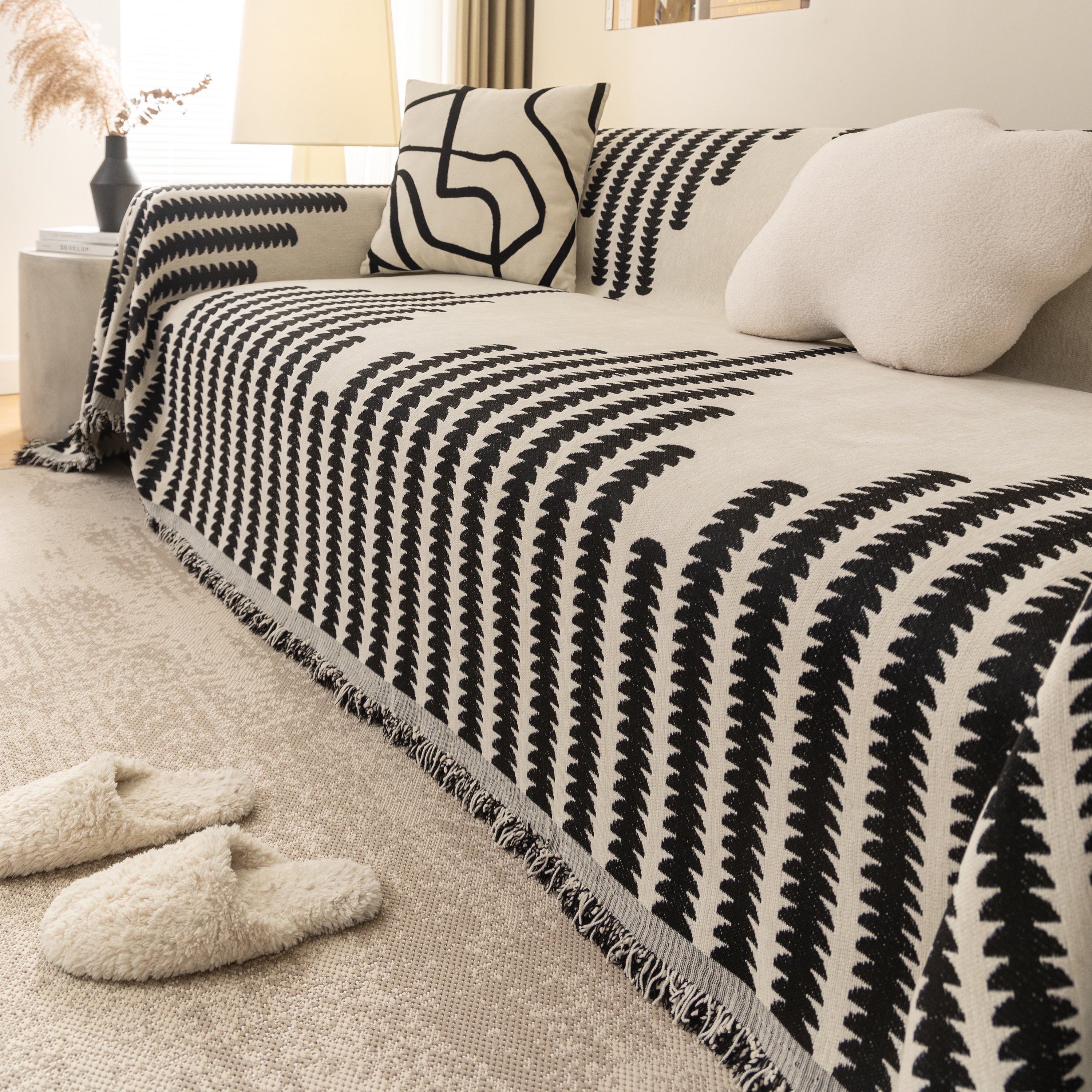 Geometric Chenille Fringed Sofa Cover Throw