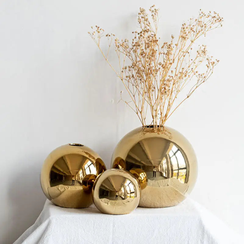 Gold Ceramic Sphere Vase with Glossy Finish